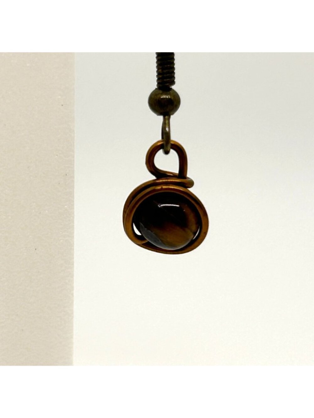 Handmade Tiger Eye Earrings, Bronze Tone Wire-Wrapped Gemstone Bead Dangle Drop - Picture 10 of 10